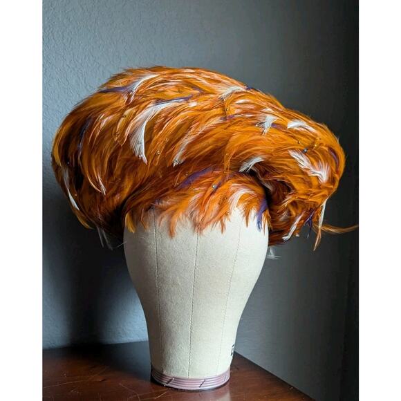George Zamaul Couture Ladies Orange Felt Hat Feathers Rhinestones Church Formal main image 7